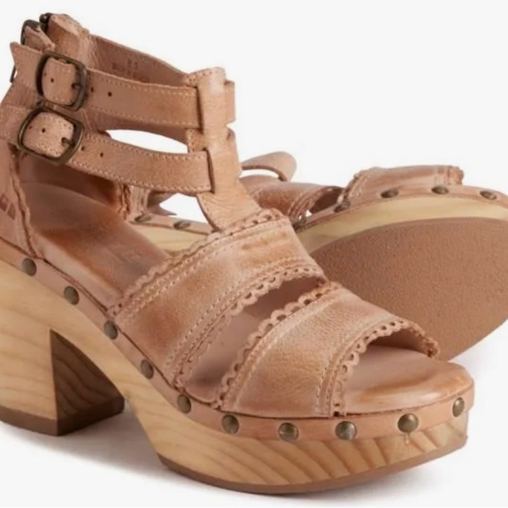 Bed Stu Women's Tan Leather Studded Platform Sandals with Double Ankle Straps